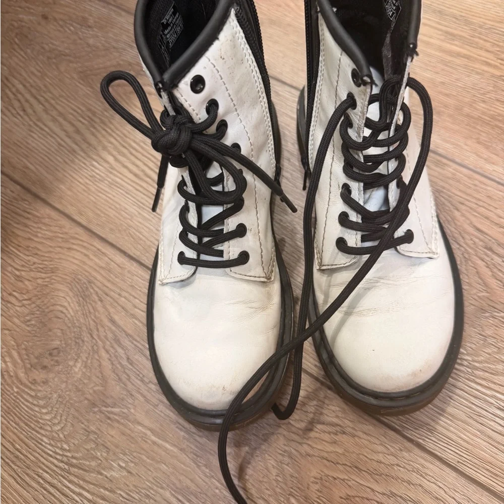White Doc Martens Lace-Up Combat Boots with Black Trim - kids